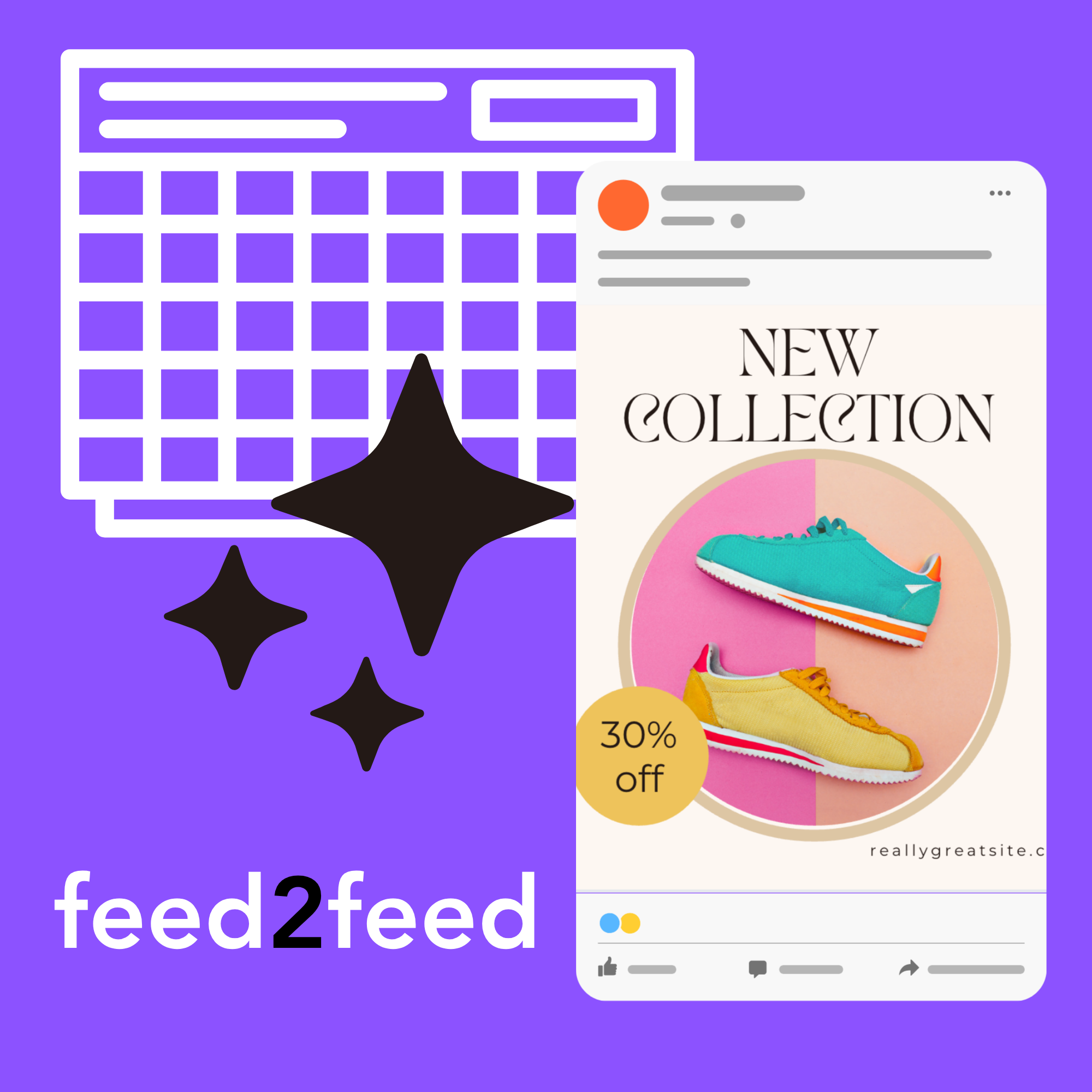 Feed2Feed brand visual — a product feed sparkles into a social post