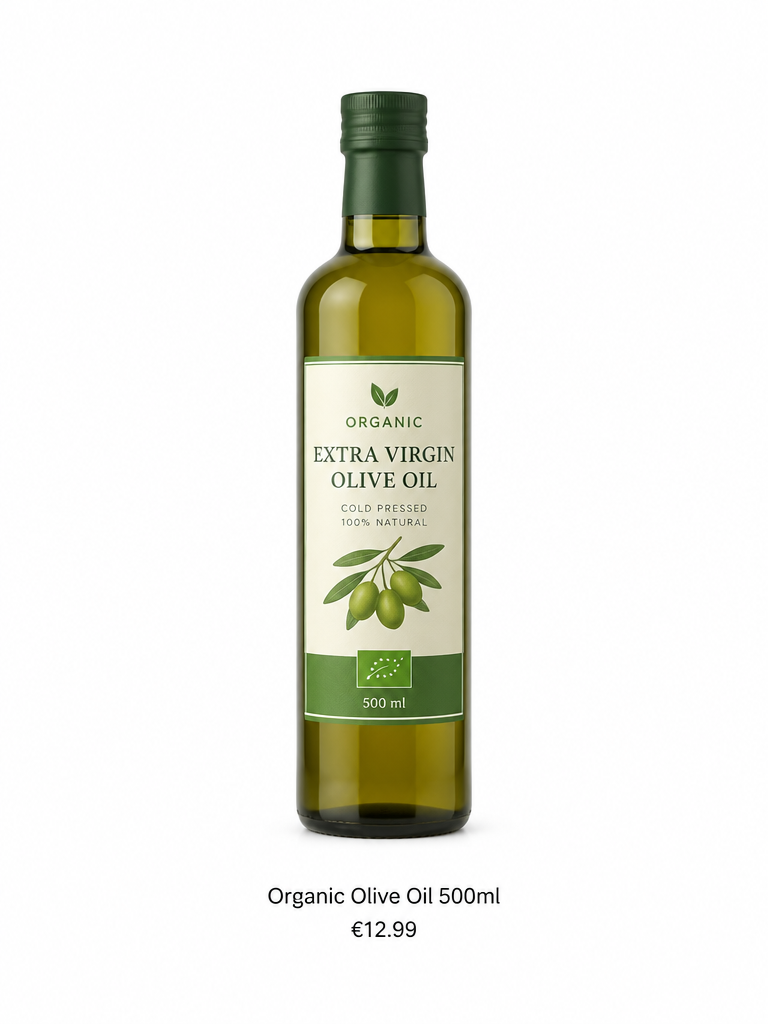Default catalog ad: a bottle of organic olive oil photographed on a plain white background with only the name and price underneath