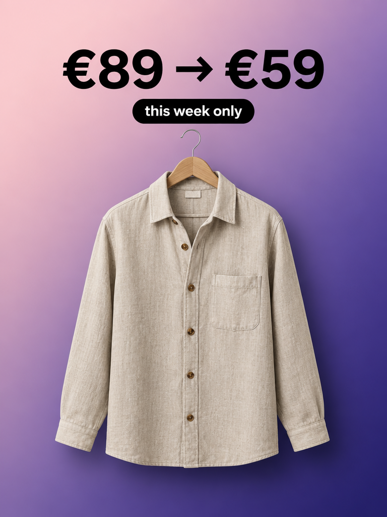 Story example for a price drop: linen overshirt on a pink-to-indigo degrade with €89 → €59 and “this week only”