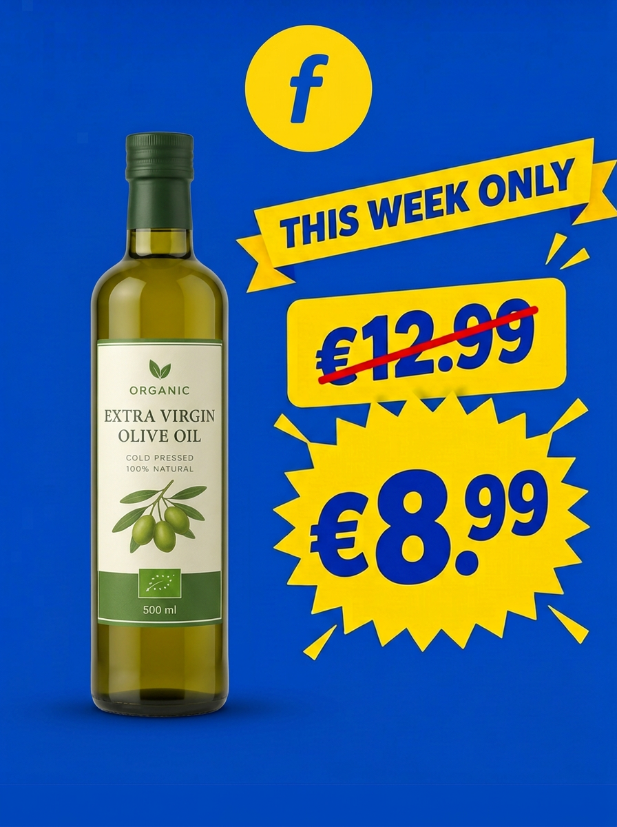 Feed2Feed templated ad: a bottle of organic olive oil on the brand's pink-to-indigo degrade with €12.99 → €8.99 and a this-week-only badge